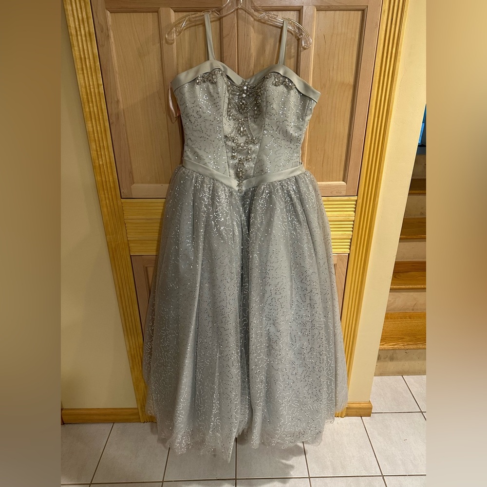 Women’s silver ballgown dress (size 8, altered length, see description)